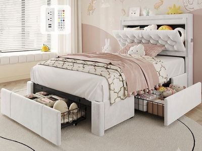 Modern Upholstered Platform Bed Frame with 3Storage Drawers, Headboard Storage, & USB/Type-C Ports - White