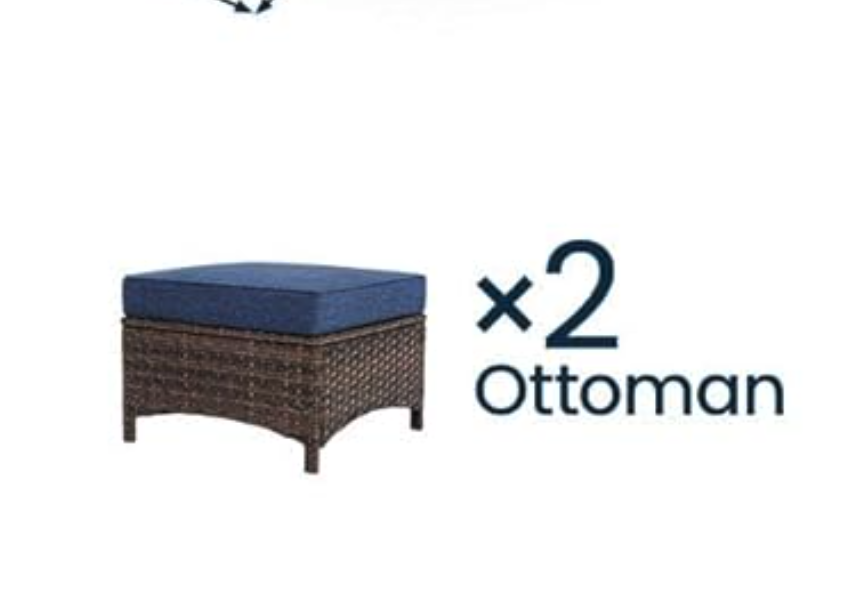 Brand New in box set of 2 Wicker Ottomans Set of 2, blue thick cushions