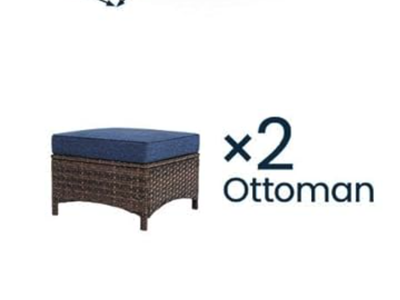 Brand New in box set of 2 Wicker Ottomans Set of 2, blue thick cushions