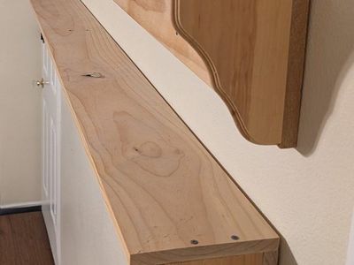 Custom Solid Wood Wall Mounted Shelf with Fleur-de-Lis Hooks - 73" Long