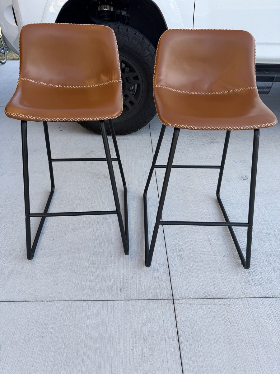 Set of 2 Brown Faux Leather Modern Bar Stools with Black Metal Legs