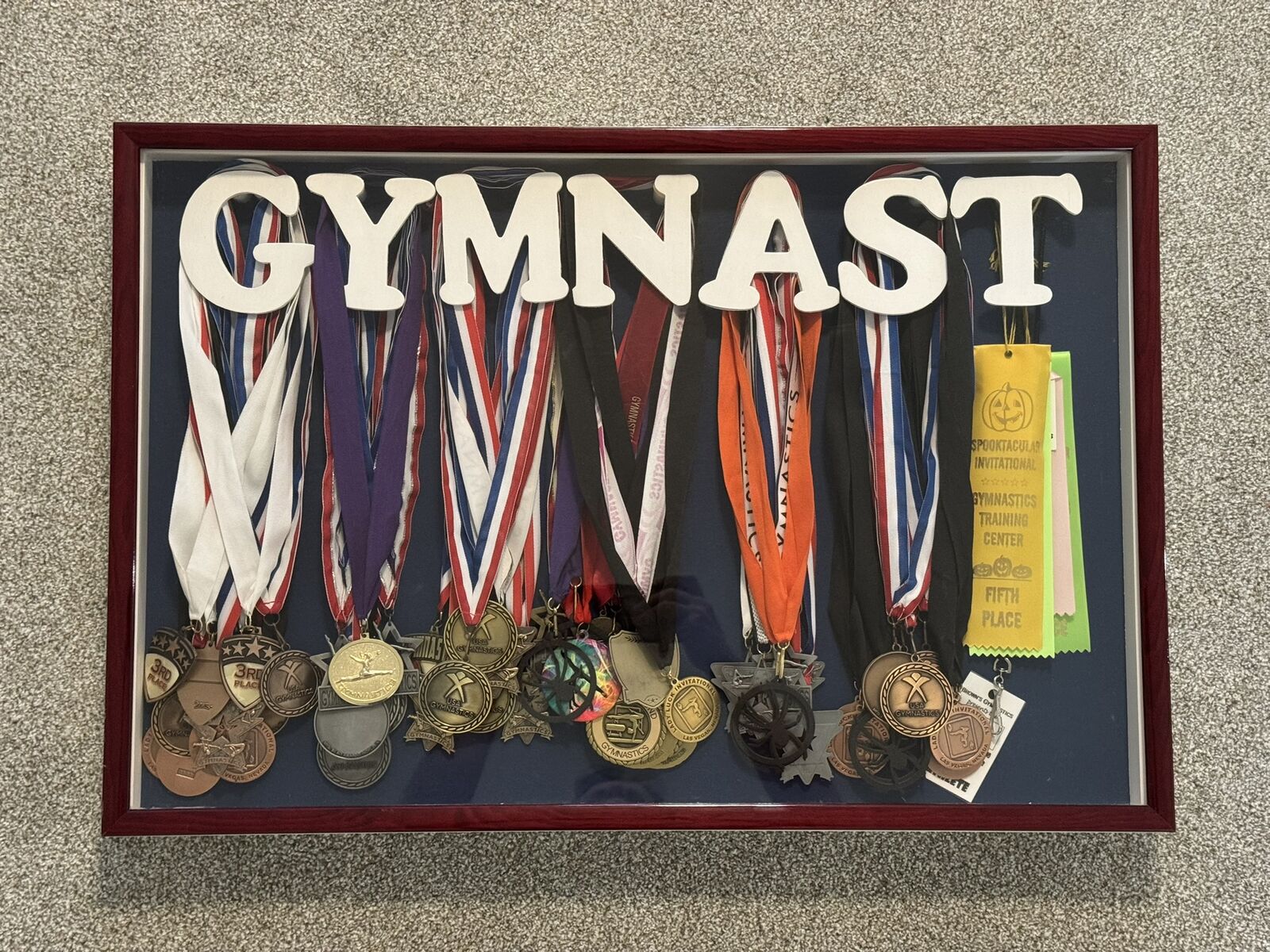 Custom Gymnastics Medals Display Case Glass Wood Shadow Box 31 x 21 x 3 inches