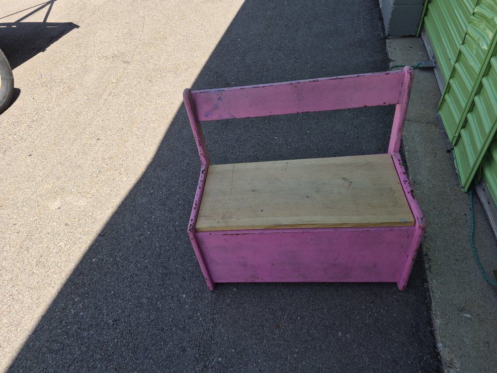 vintage pink painted wooden child's storage  bench or toy box