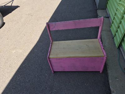 vintage pink painted wooden child's storage bench or toy box