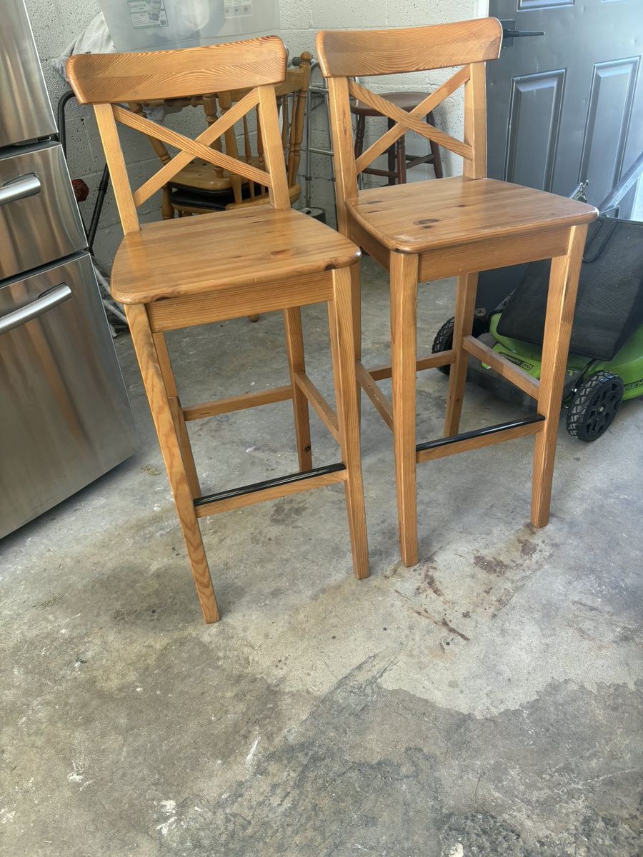 Pair of IKEA INGOLF Solid Wood - Light Wood Cross Back Counter Height Bar Stools - Good Condition