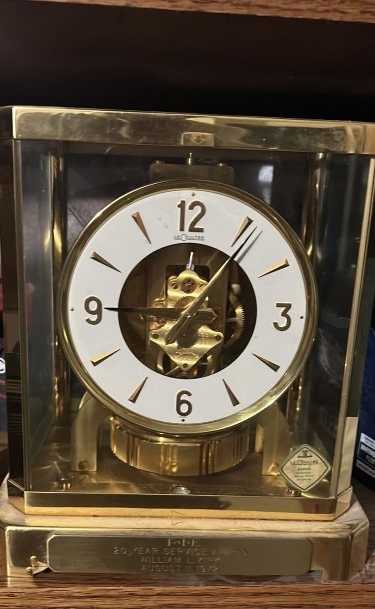 Vintage LeCoultre Atmos Perpetual Motion Brass Mantel Clock - 1972 Service Award