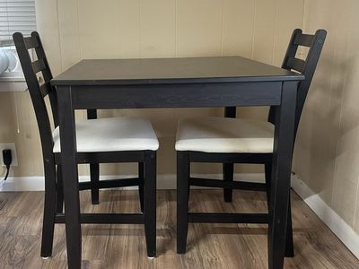 Compact Black Dining Table with 2 Chairs - 28"H x 29"W, Cream Seats