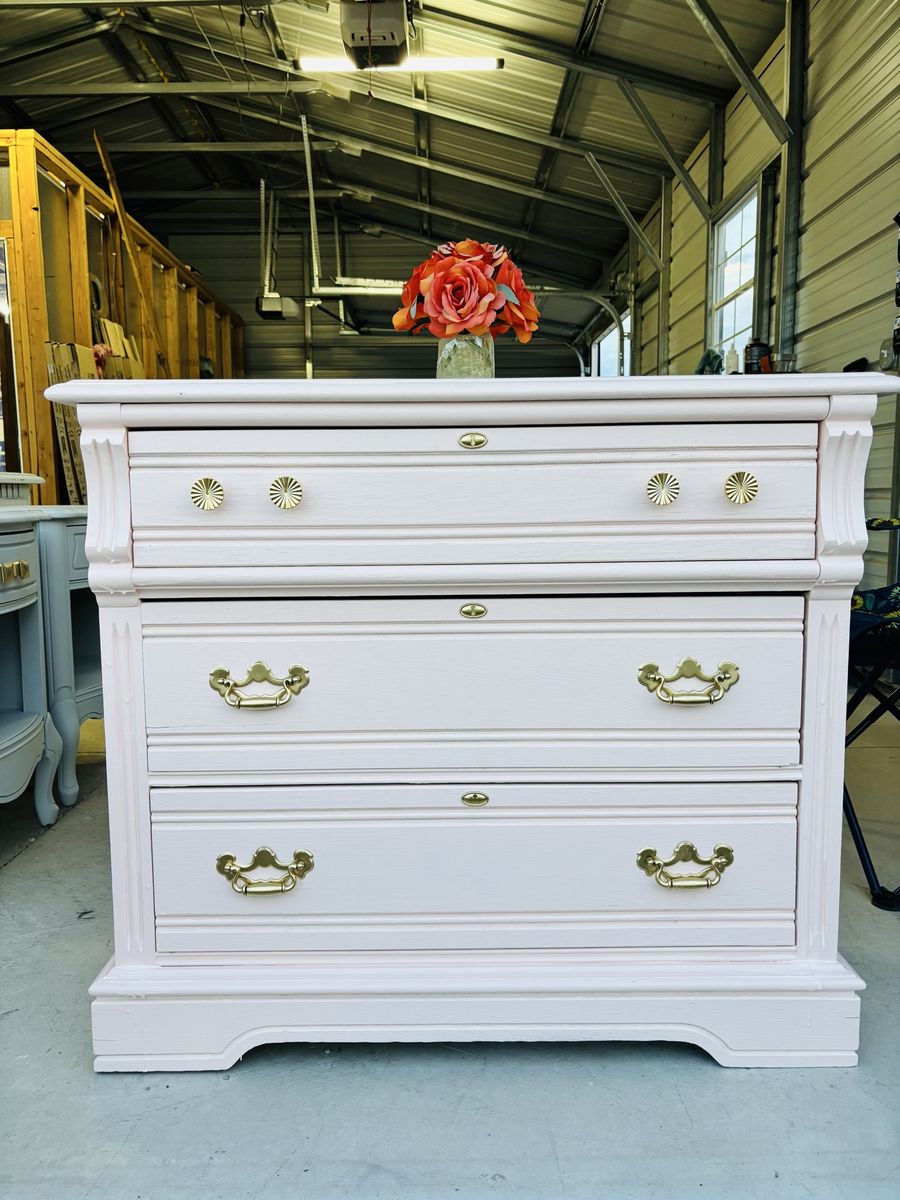 Light Pink 3-Drawer Dresser with Gold Hardware - Refinished Wooden Chest of Drawers