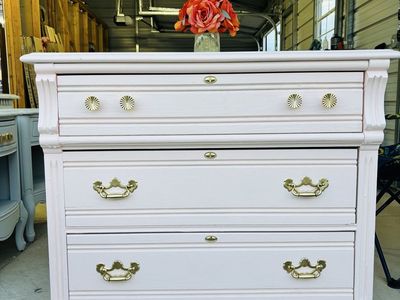 Light Pink 3-Drawer Dresser with Gold Hardware - Refinished Wooden Chest of Drawers