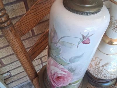 Vintage Hand-Painted Floral Ceramic Table Lamp with Brass Base