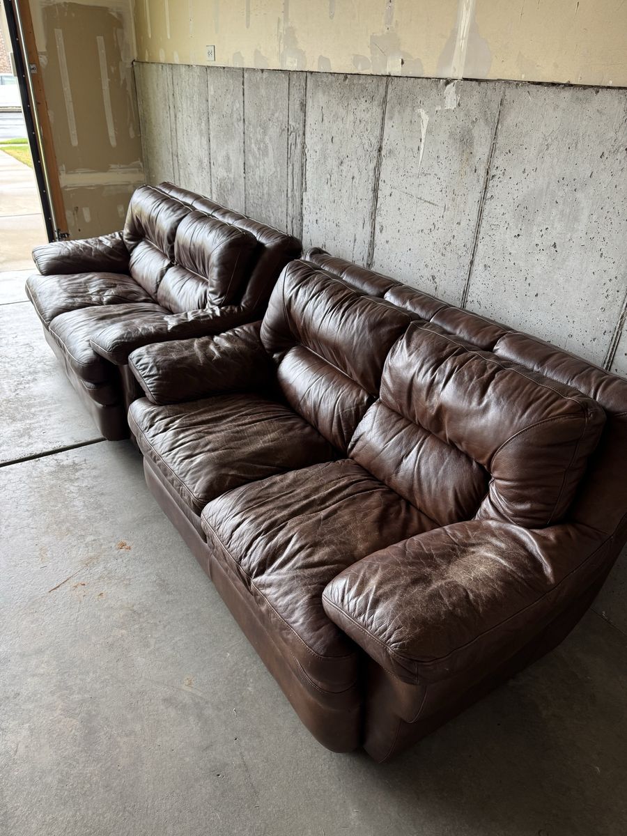 Pair of Brown Leather Loveseats - Needs Reconditioning, No Tears