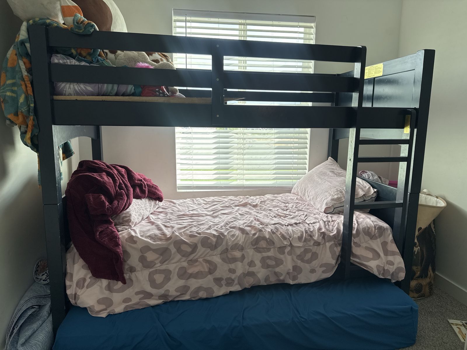 Navy Wooden Bunk Bed Frame with Built-In Ladder.