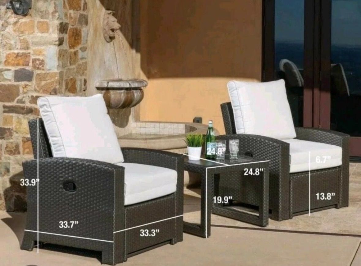 Outdoor Wicker Patio Conversation Set - 2 Chairs & Side Table, Brown Wicker, White Cushions (Sydney Collection)