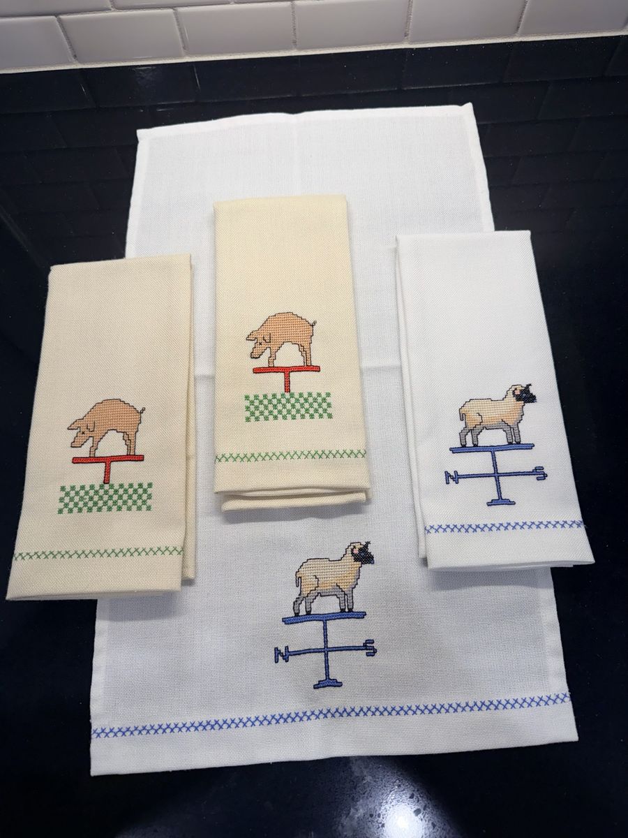 Handmade Cross-Stitch Farm Animal Kitchen Towel Set - 2 Pig, 2 Sheep Weathervane Design