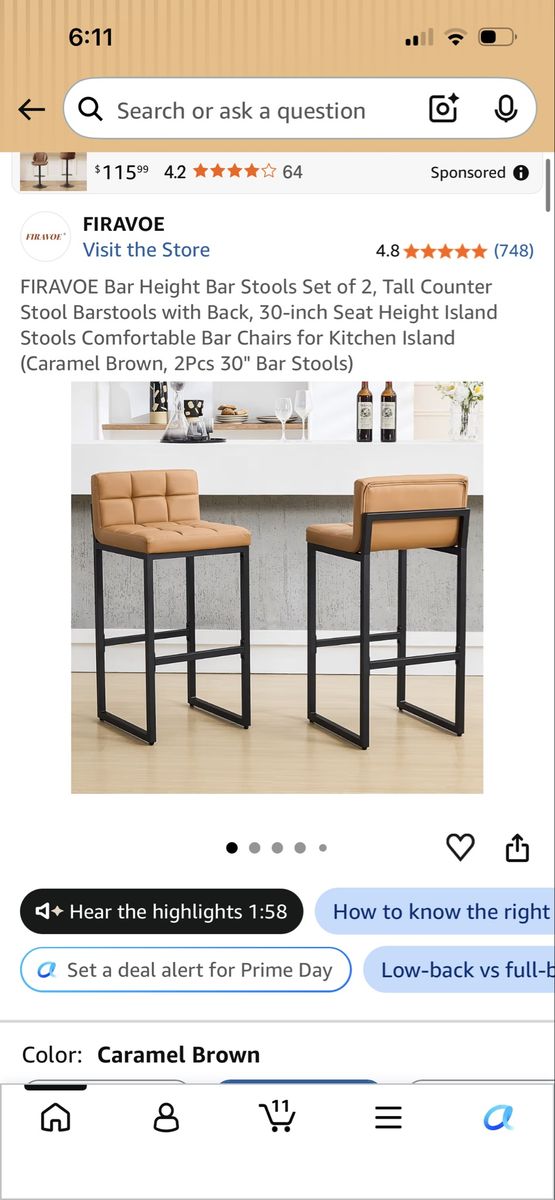 FIRAVOE Set of 2 Caramel Brown 30" Seat Height Bar Stools for Kitchen Island/Counter with Back