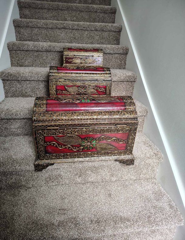 Decorative Ornate Wooden Treasure Chest Storage Boxes - Set of 3