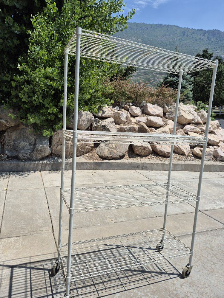 4-Tier White Wire Rolling Storage Rack Shelf Unit on Casters