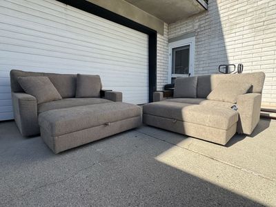 Oversized Loveseat with Storage Ottomans - Beige Fabric, Excellent Condition