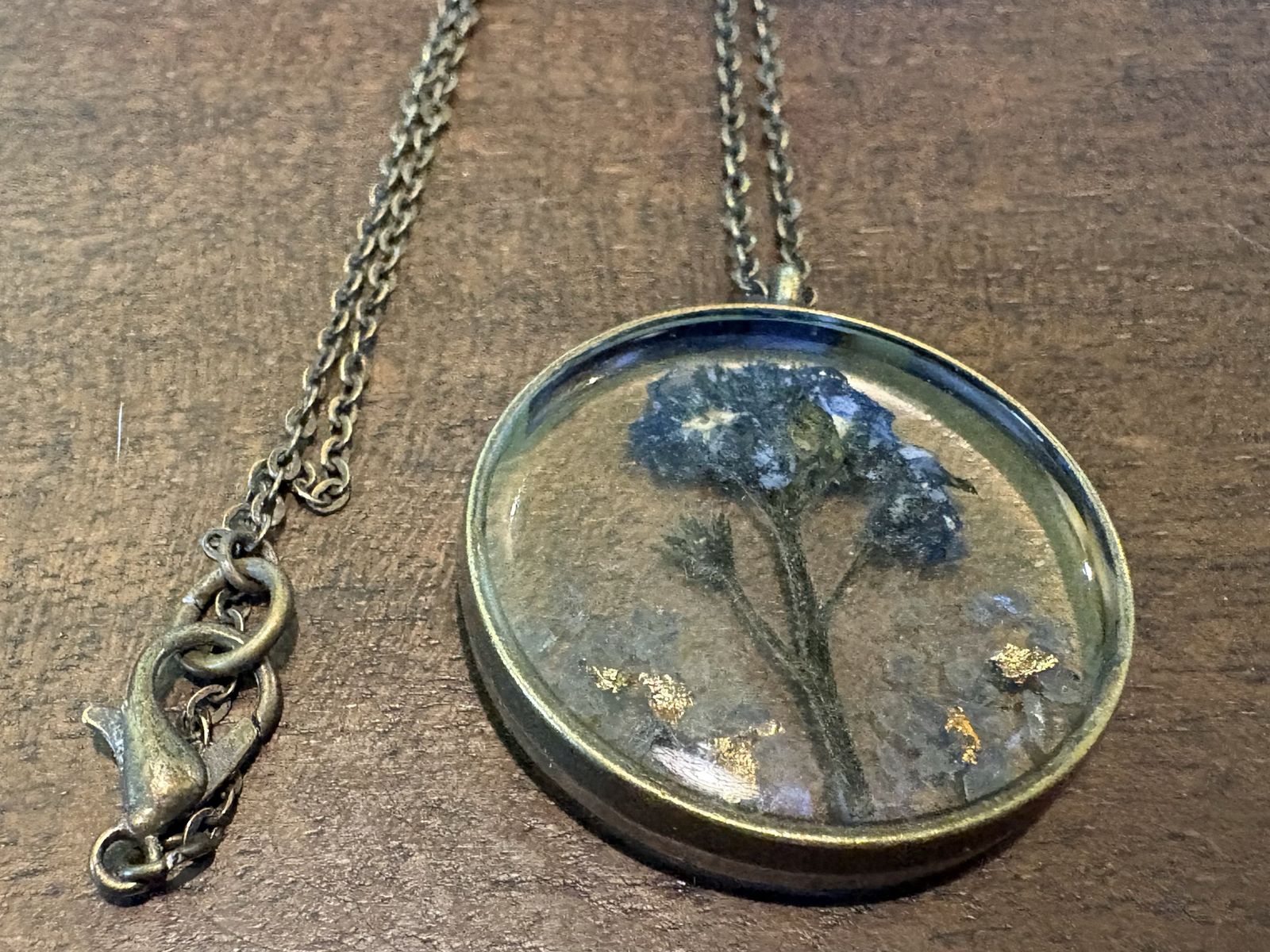 Bronze Necklace w/ Pressed Forget-Me-Not Flower