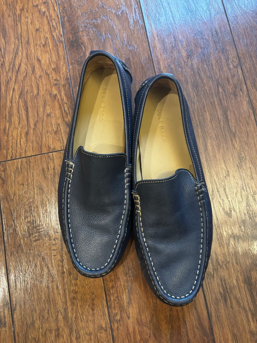 Cole Haan C13784 Men's 11M Navy Blue Leather Loafers Moccasins Driving Shoes with Contrast Stitching