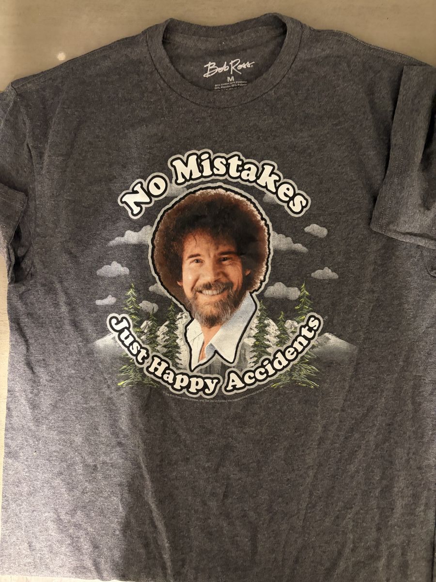 Bob Ross 'No Mistakes Just Happy Accidents' Graphic T-Shirt Gray Medium