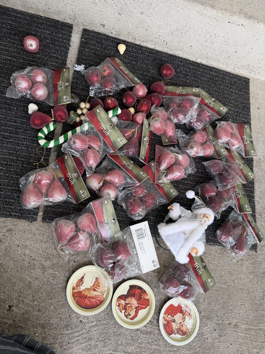 Holiday Time Red Crystal Fruit Ornaments Santa Plates Lot