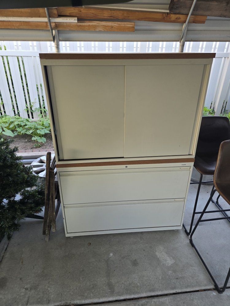 White Metal Filing Cabinet & Storage Unit with Wood Top and Sliding Doors