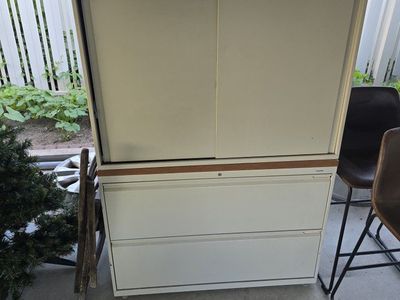 White Metal Filing Cabinet & Storage Unit with Wood Top and Sliding Doors