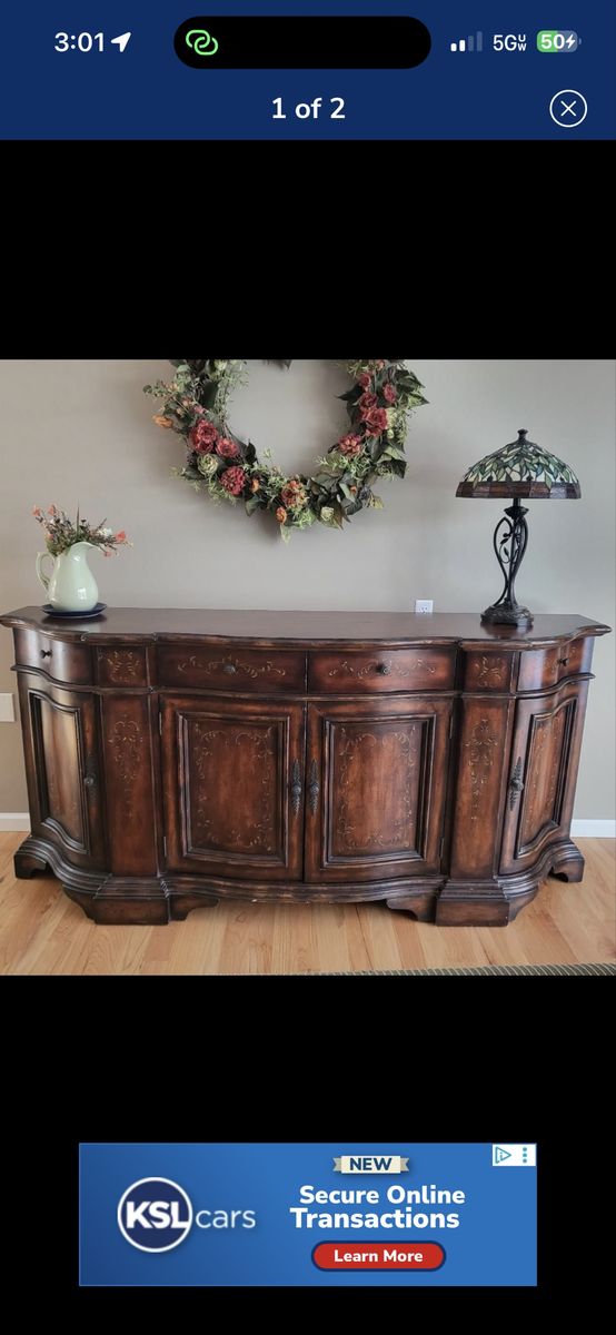 Large Wood Buffet with Carved Details and Storage