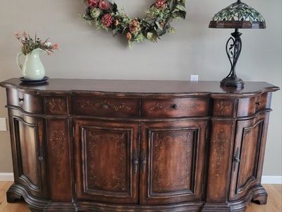 Large Wood Buffet with Carved Details and Storage