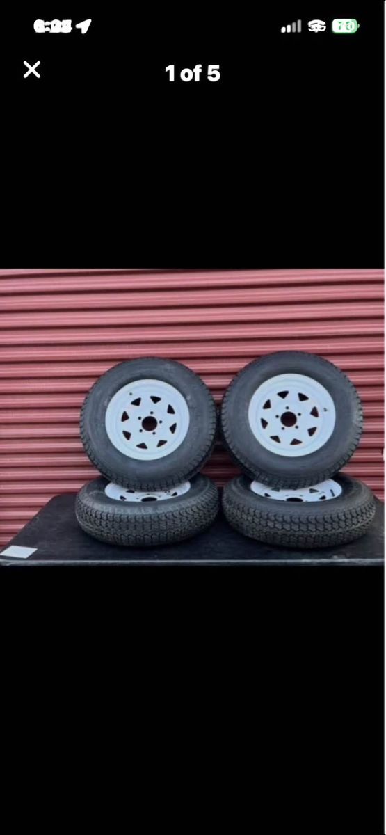 New Set of 4 Eco Trail ST 205/75 D 15. Trailer Tires Mounted on New White Spoke Wheels 5 on 4.5 Lug Pattern