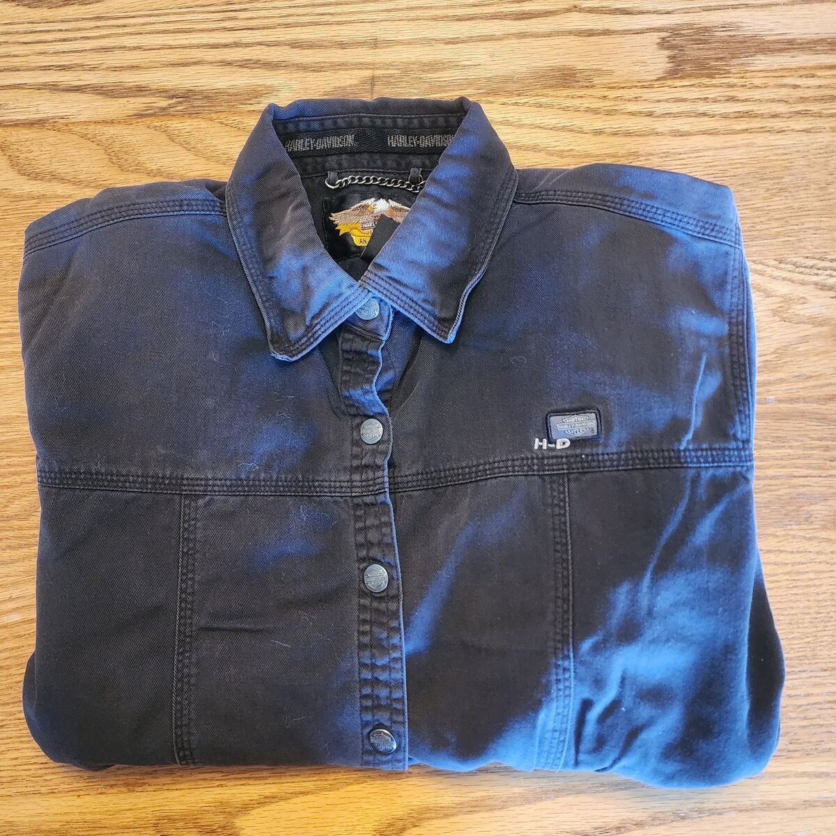 VTG Harley Davidson Womens Black Denim Snap Shirt Jacket Embroidered