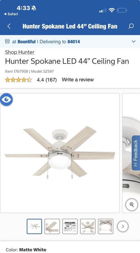 44 Inch Hunter White Ceiling Fan