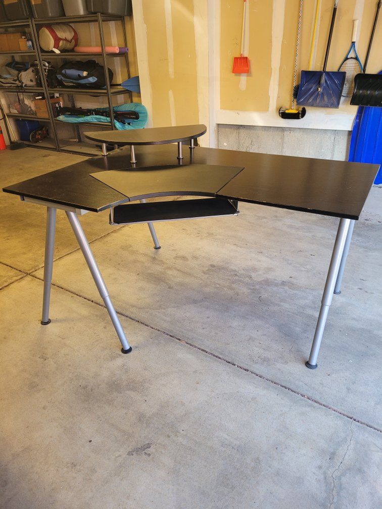 Black Corner L-Shaped Computer Desk with Monitor Stand and Keyboard Tray - Adjustable Legs