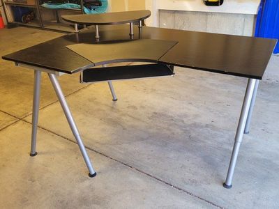 Black Corner L-Shaped Computer Desk with Monitor Stand and Keyboard Tray - Adjustable Legs