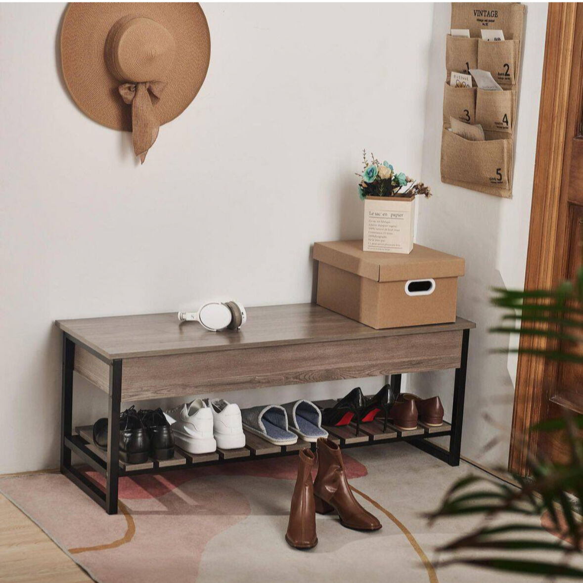 Gray Entryway Shoe Storage Benche