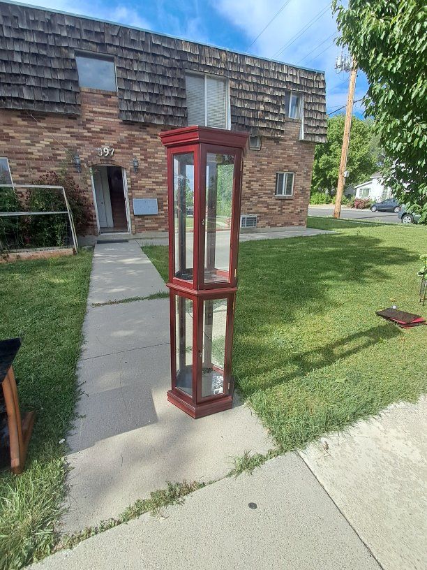 Red Wood and Glass Display Cabinet - Tall Standing Showcase