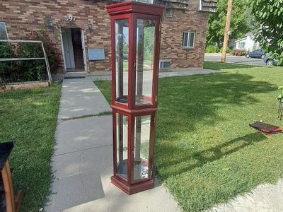 Red Wood and Glass Display Cabinet - Tall Standing Showcase