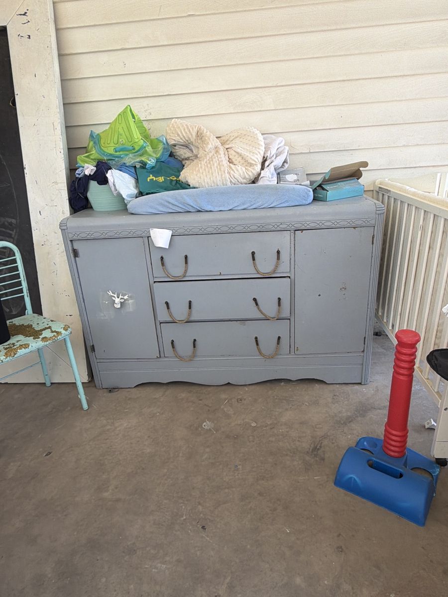 Vintage Gray Wood Dresser with 3 Drawers & 2 Cabinets - Rustic Rope Pulls, Changing Table Top