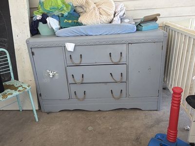 Vintage Gray Wood Dresser with 3 Drawers & 2 Cabinets - Rustic Rope Pulls, Changing Table Top