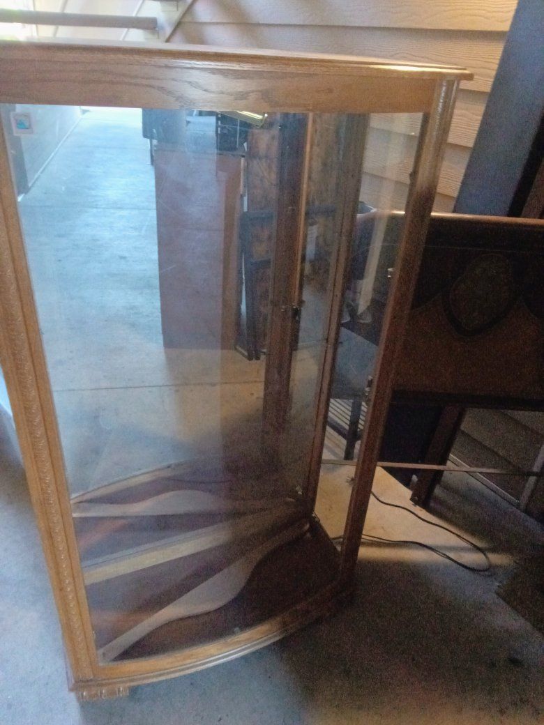 Vintage Wooden Corner Curio Display Cabinet with Glass Door and Shelves