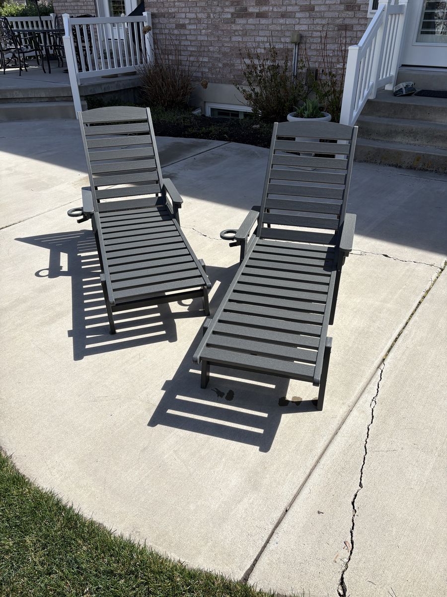 Patio chaise lounges (2), brand new. Grey set