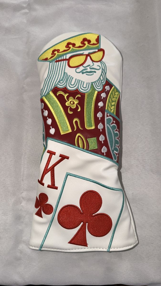 King of Clubs Playing Card Golf Club Head Cover - White, Red, and Green Embroidered