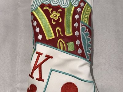 King of Clubs Playing Card Golf Club Head Cover - White, Red, and Green Embroidered
