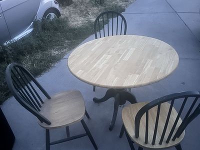 Round Wooden Dining Table with 3 Two-Tone Spindle Back Chairs