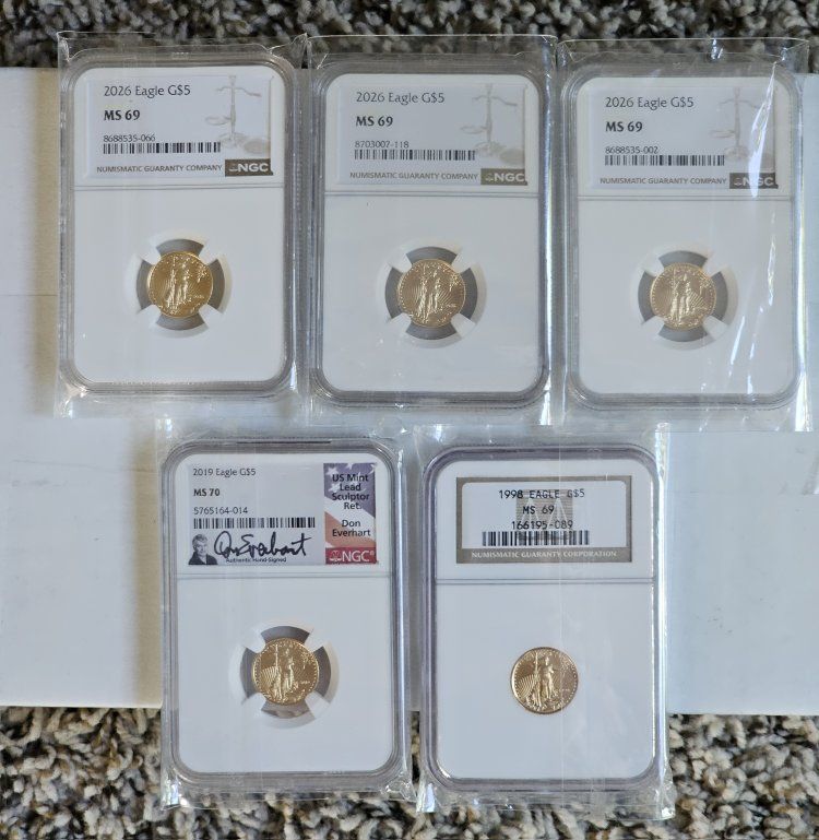 1/2 oz GOLD. American Gold Eagle 1/10 oz $5 - NGC MS69 x5