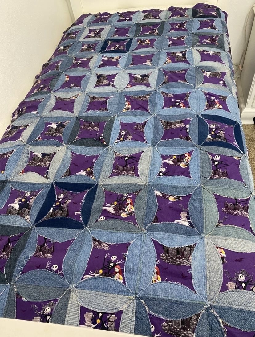 Handcrafted Patchwork Reversible Quilt From Blue Jeans Material