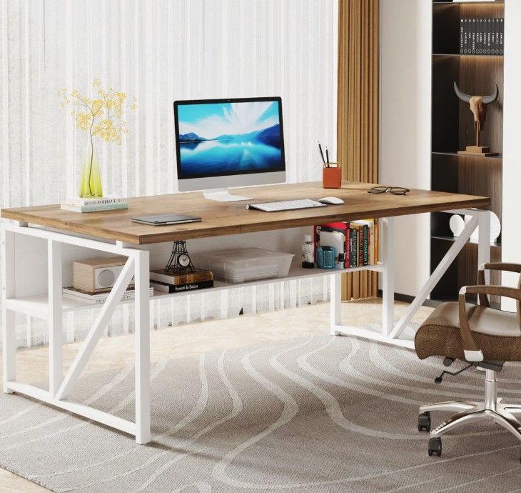 63" Modern Computer Desk with Storage Shelf White/Brown