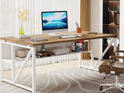 63" Modern Computer Desk with Storage Shelf White/Brown