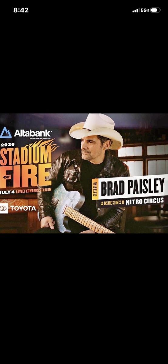 4 Brad Paisley Stadium of Fire 2026 Tickets - Level EAST, Section 131, Row 12 (Seats 11-14)